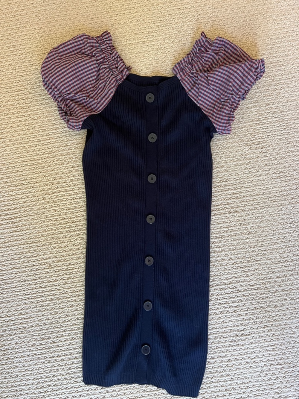 Anthropology- Maeve Navy Ribbed dress with Pink and Light Blue puff sleeves